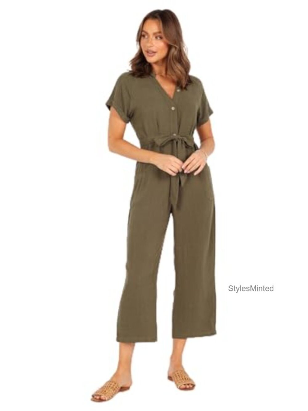 Linen V-Neck Short Sleeve Jumpsuit with Pockets